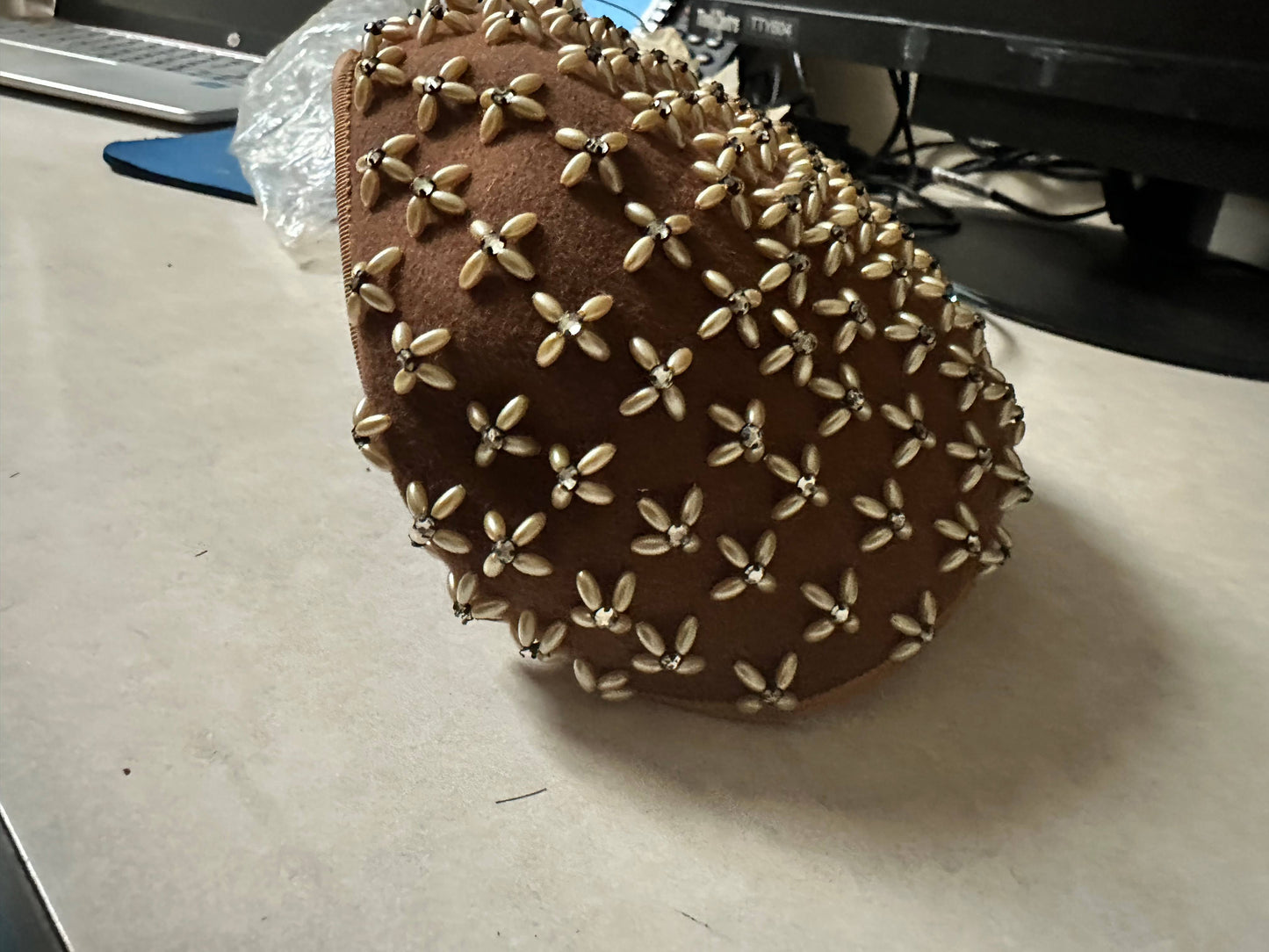 Vintage Mengar Hat Company Brown Beaded Pillbox Hat, San Antonio - EXCELLENT Condition!